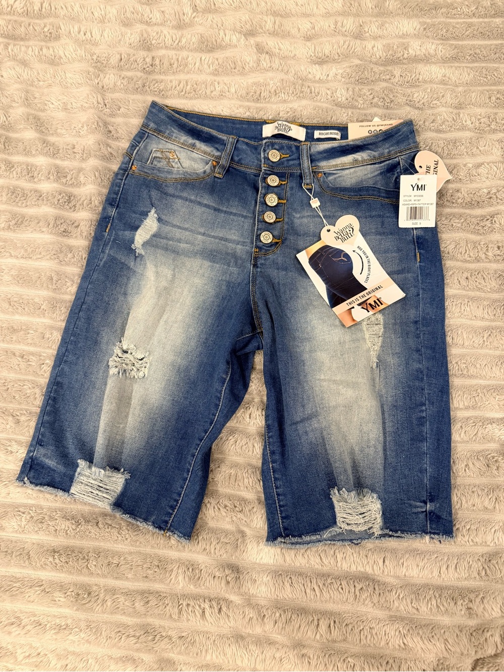 YMI Distressed Button-Fly Mid-Length Denim Bermudas in Blue Wash